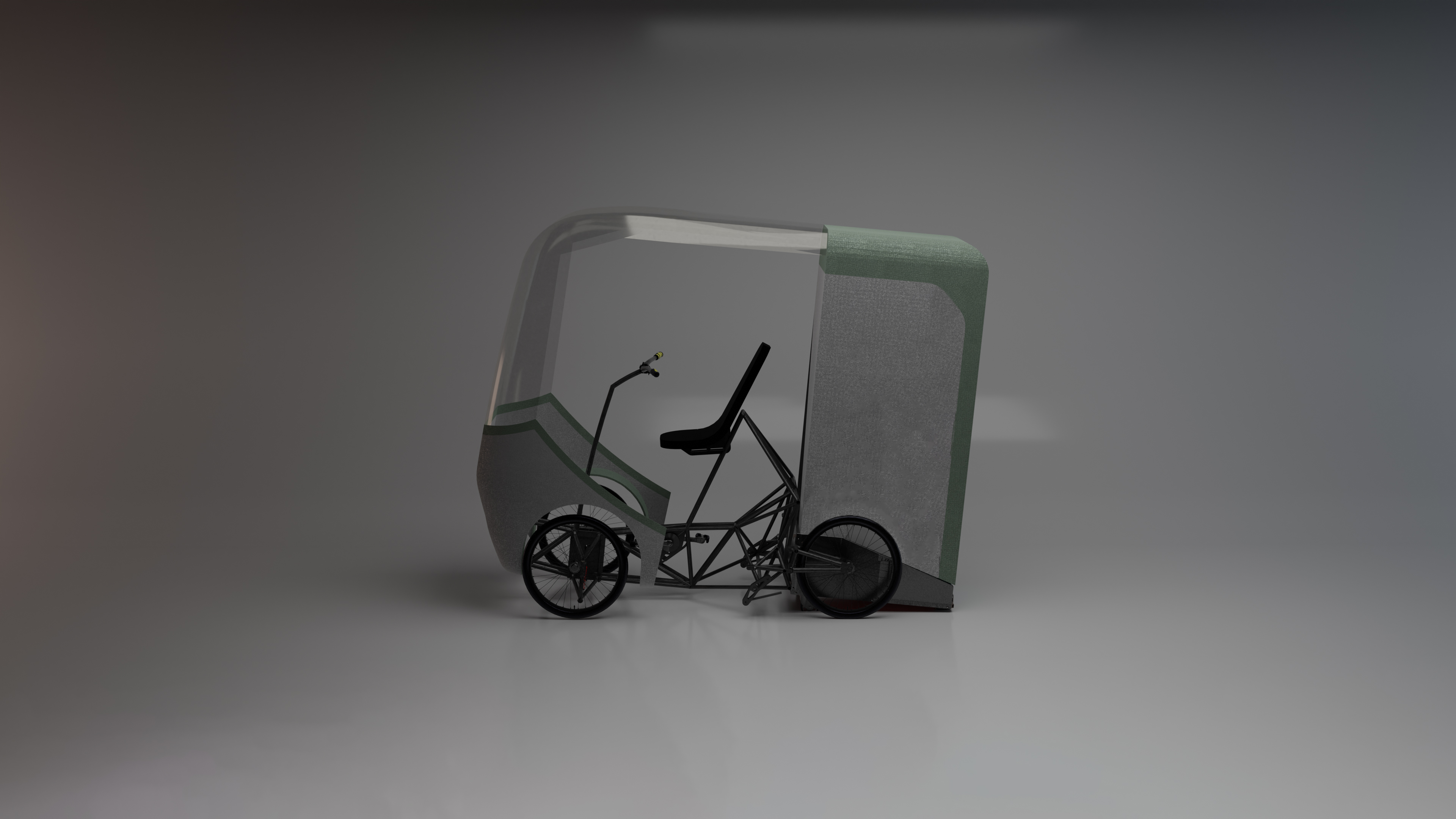 Full side profile of the MORE Cargobike, canopy and cargo box assembled